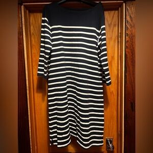 LL Bean Heritage Marine Dress L Navy White Striped Cotton Pockets Nautical Large